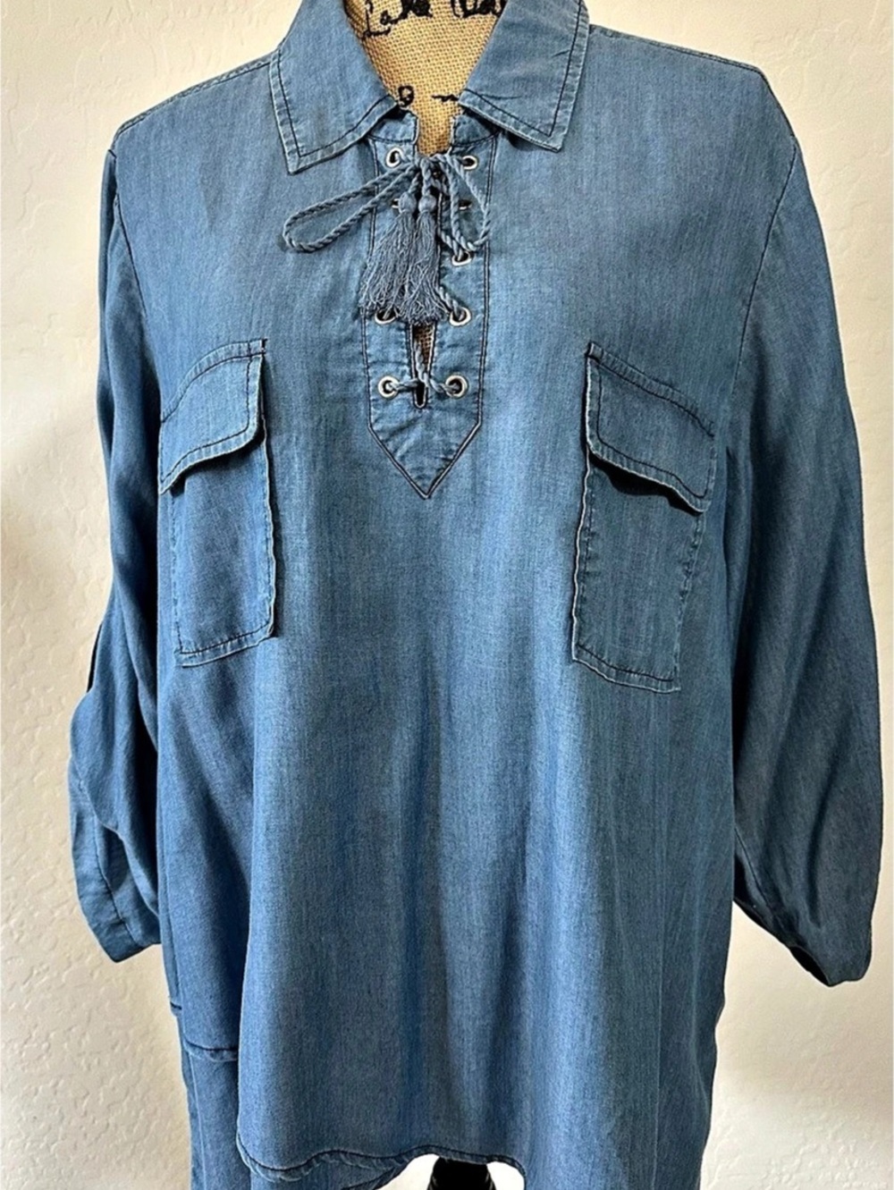 Karen Kane Martinique Lace Up Hem Top Blue Denim Tencel Tunic 1X NWT